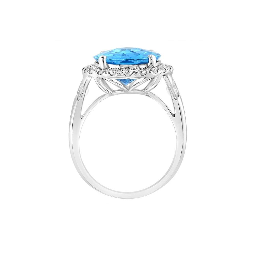 14K White Gold, Blue Topaz & White Topaz Ring