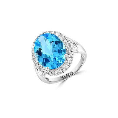 14K White Gold, Blue Topaz & White Topaz Ring