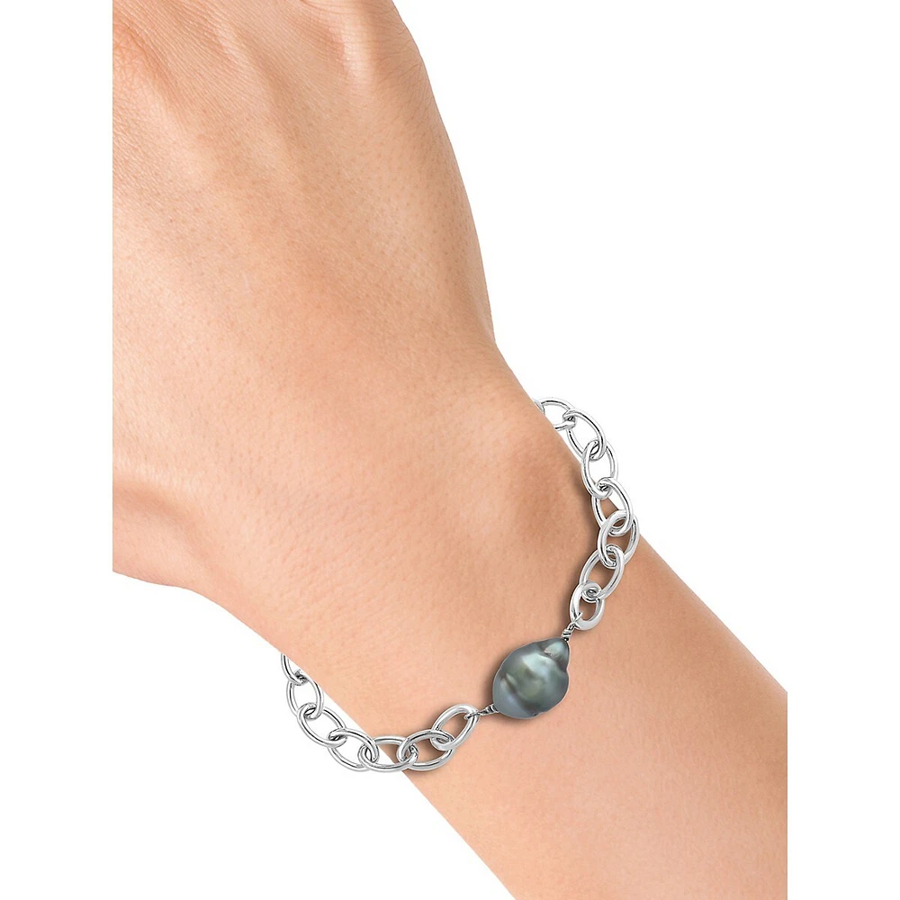 Sterling Silver & 12MM Black Tahitian Pearl Bracelet