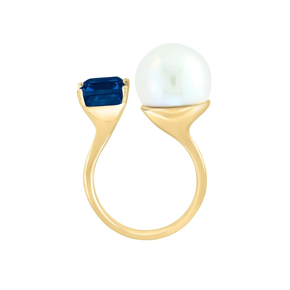 Bague en or jaune 14 ct avec topaze London Blue et perle d'eau douce