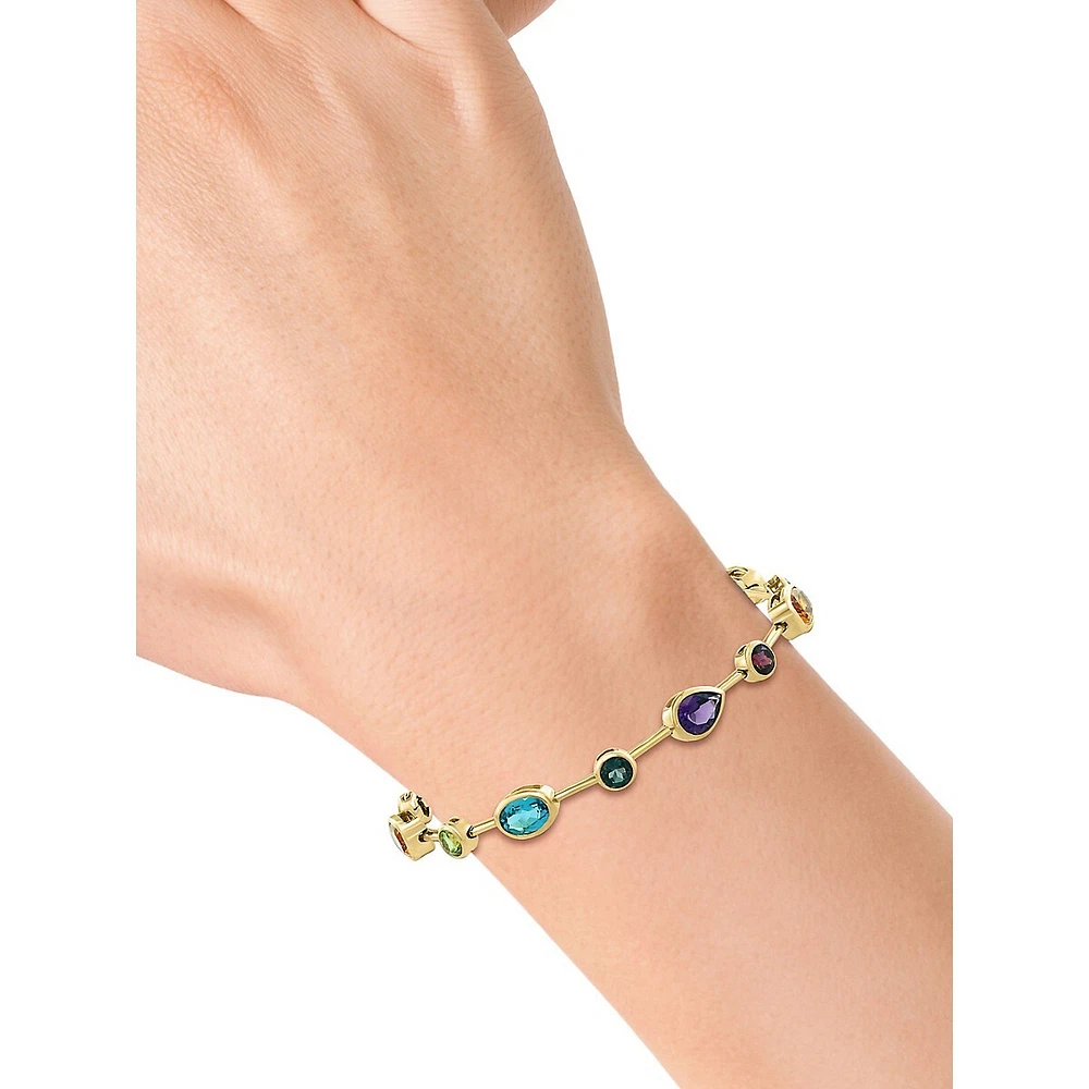 14K Yellow Gold Amethyst, Blue Topaz, London Blue Topaz, Citrine, Rhodolite, Peridot Candy Bracelet