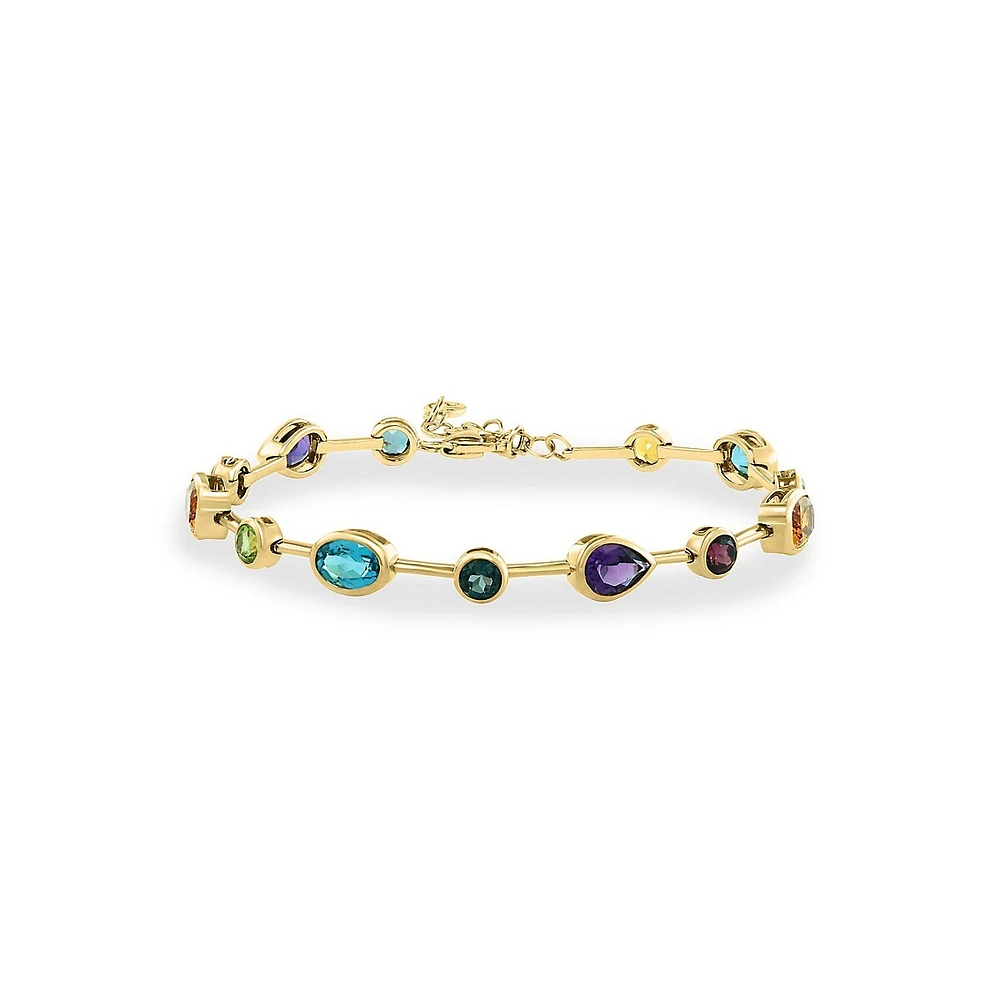 14K Yellow Gold Amethyst, Blue Topaz, London Blue Topaz, Citrine, Rhodolite, Peridot Candy Bracelet