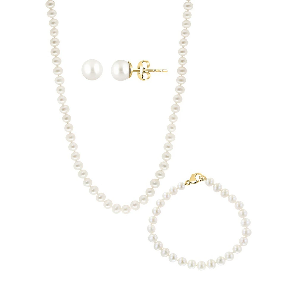 3-Piece 14K Yellow Gold & 6.5MM Freshwater Pearl Necklace, Bracelet & Earrings Set