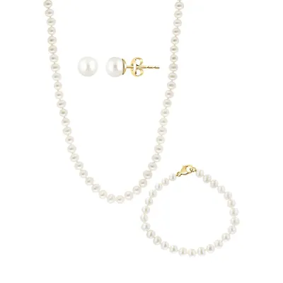 Ensemble boucles d'oreilles, bracelet en or jaune 14 ct et collier de perles d'eau douce de 6,5 mm, 3 pièces