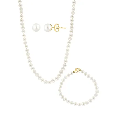 3-Piece 14K Yellow Gold & 6.5MM Freshwater Pearl Necklace, Bracelet & Earrings Set