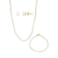 3-Piece 14K Yellow Gold & 6.5MM Freshwater Pearl Necklace, Bracelet & Earrings Set