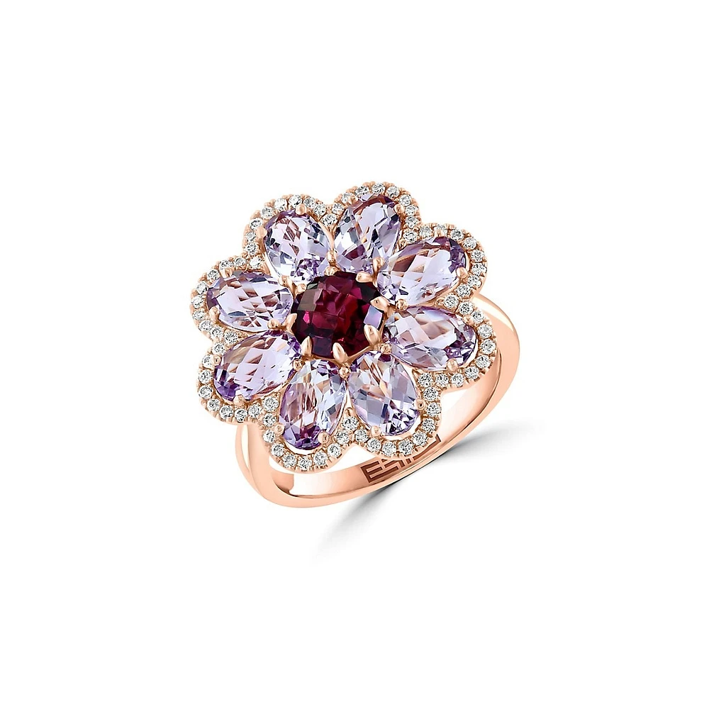 Bague en or rose 14 ct avec fleur en rhodolite, en améthystes roses et en diamants de 0,29 ct (PT)