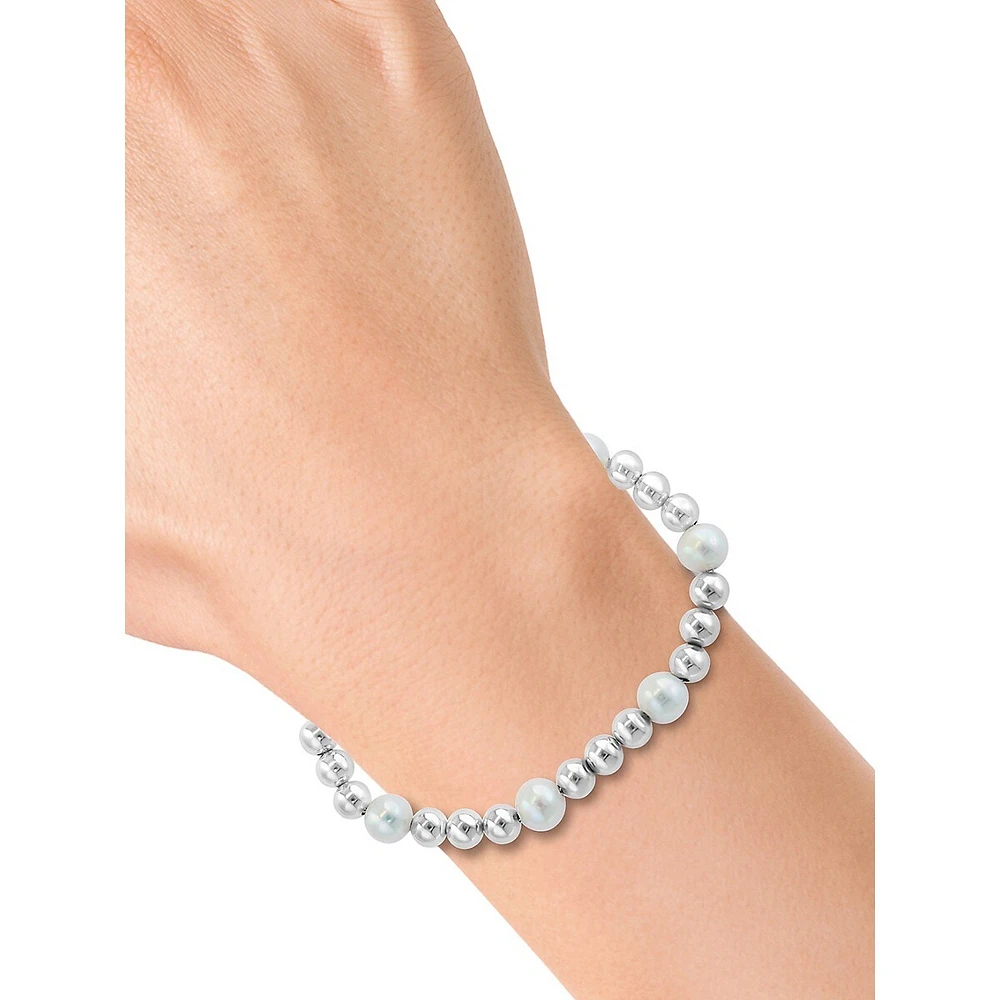 Sterling Silver & 7.5MM Freshwater Pearl Sequence Bead Bracelet