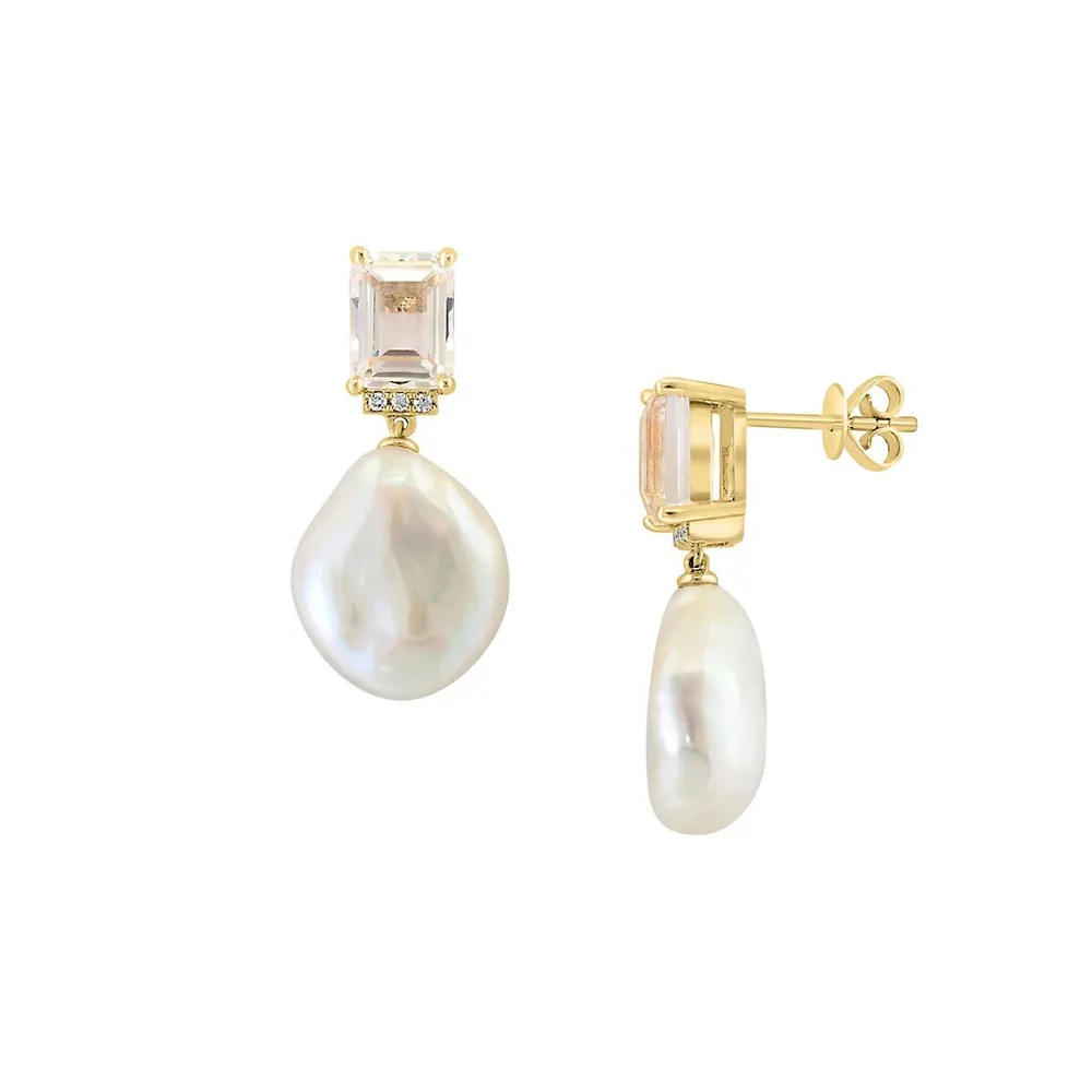 14K Yellow Gold, 0.03 CT. T.W. Diamond, White Topaz & 10MM Freshwater Pearl Drop Earrings