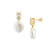 14K Yellow Gold, 0.03 CT. T.W. Diamond, White Topaz & 10MM Freshwater Pearl Drop Earrings