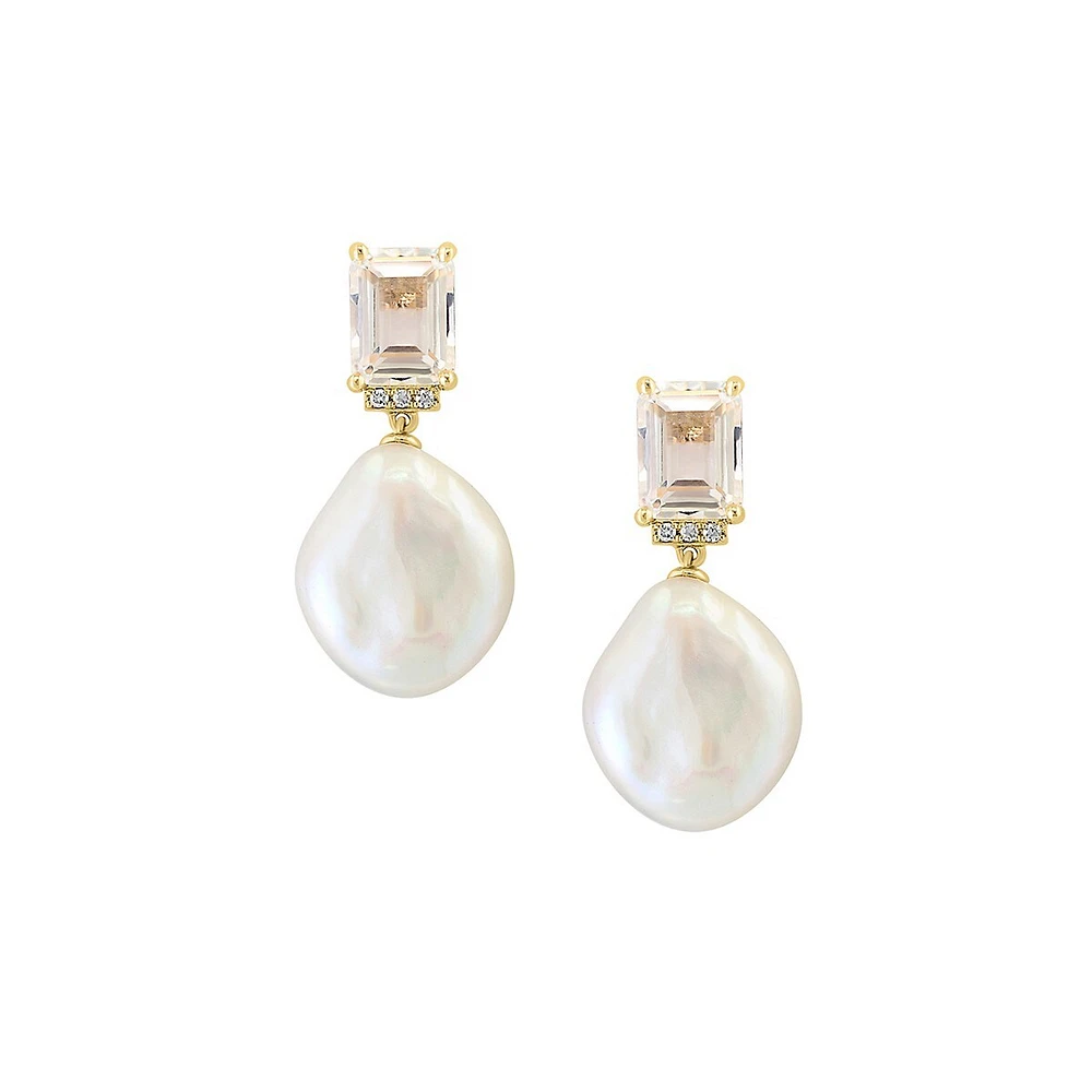 14K Yellow Gold, 0.03 CT. T.W. Diamond, White Topaz & 10MM Freshwater Pearl Drop Earrings