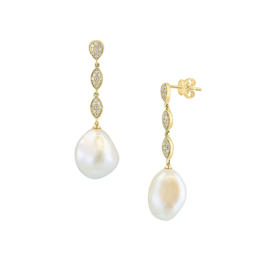 14K Yellow Gold, 0.27 CT. T.W. Diamond & 11MM Freshwater Pearl Drop Earrings