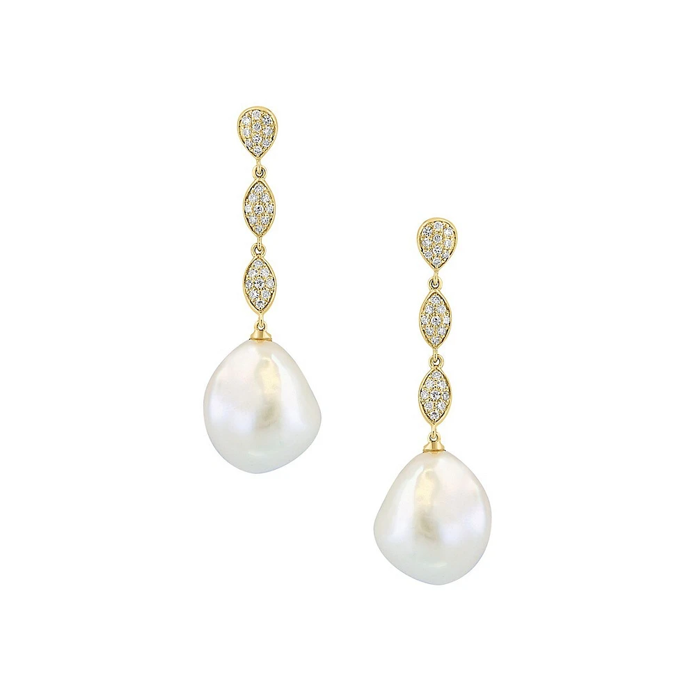 14K Yellow Gold, 0.27 CT. T.W. Diamond & 11MM Freshwater Pearl Drop Earrings