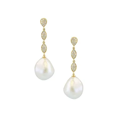 14K Yellow Gold, 0.27 CT. T.W. Diamond & 11MM Freshwater Pearl Drop Earrings