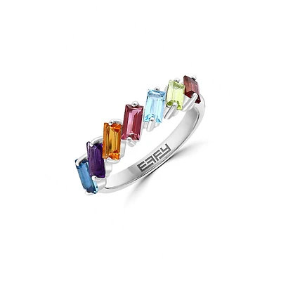 Bague en argent sterling avec pierres multicolores de taille baguette en biais