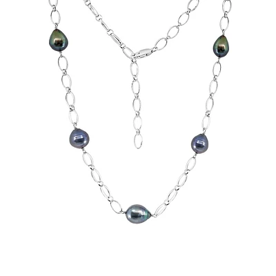 Sterling Silver & 10MM Black Tahitian Pearl Station Necklace