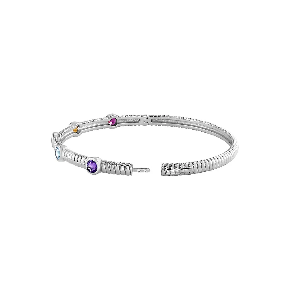 Sterling Silver Multistone Ribbed Bangle Bracelet