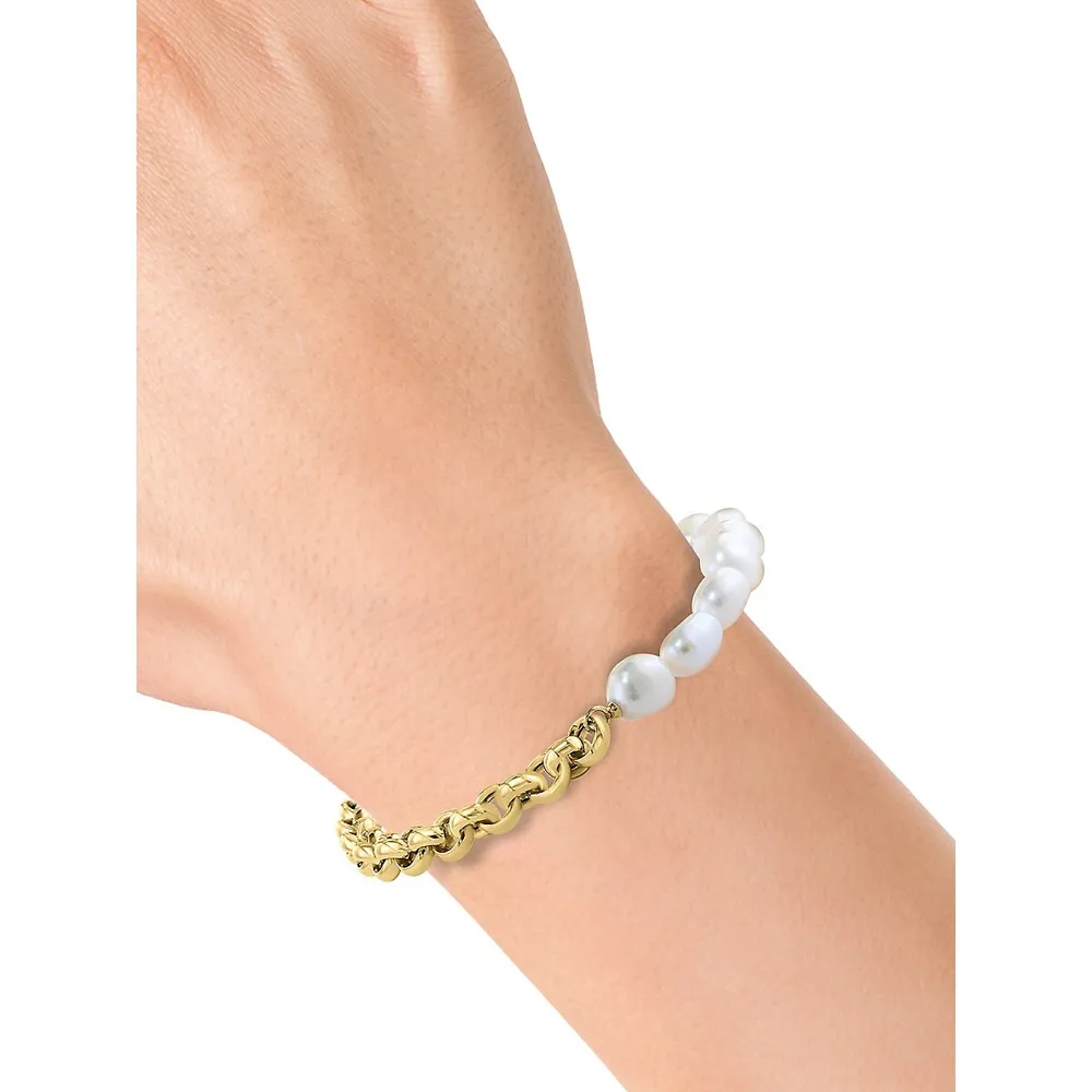 14K Yellow Gold, 7MM Freshwater Pearl & Chain Bracelet