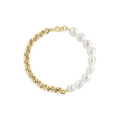 14K Yellow Gold, 7MM Freshwater Pearl & Chain Bracelet
