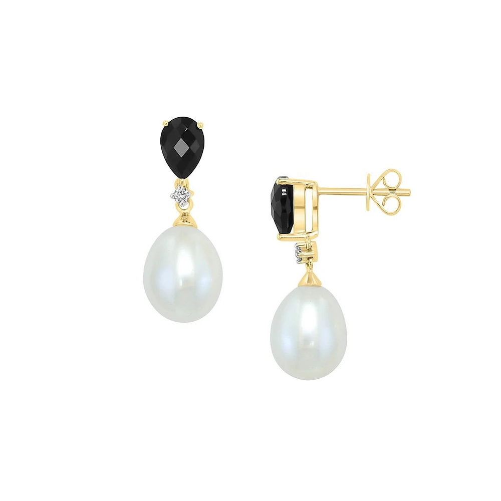 14K Yellow Gold, Black Onyx, 9MM Freshwater Pearl & 0.04 CT. T.W. Diamond Drop Earrings