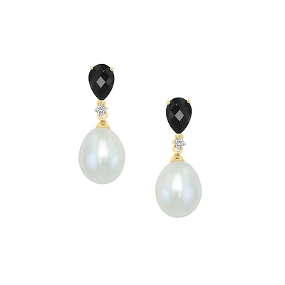 14K Yellow Gold, Black Onyx, 9MM Freshwater Pearl & 0.04 CT. T.W. Diamond Drop Earrings