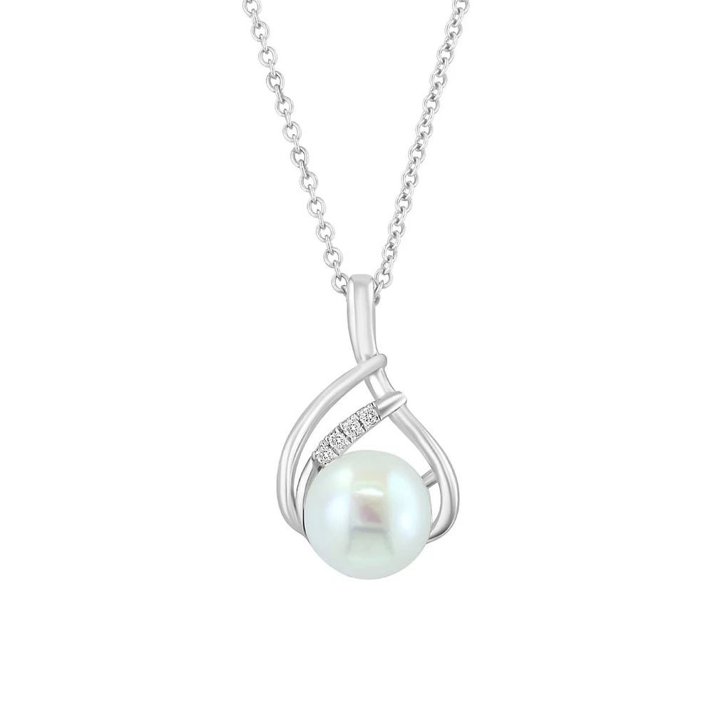 Sterling Silver, 8.5MM Freshwater Pearl & 0.02 CT. T.W. Diamond Pendant Necklace