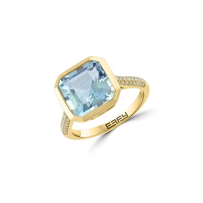 Bague en or jaune 14 carats avec diamants et aigue-marine de 0,18 ct. TW