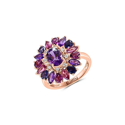 14K Rose Gold, 0.08 CT. T.W. Diamond, Iolite, Amethyst, Rhodolite, & Pink Tourmaline Halo Ring