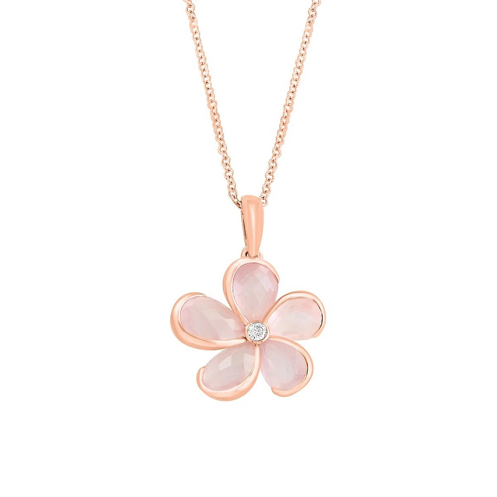 Collier avec pendentif floral en or rose 14 carats, quartz rose et diamant de 0,05 ct. TW