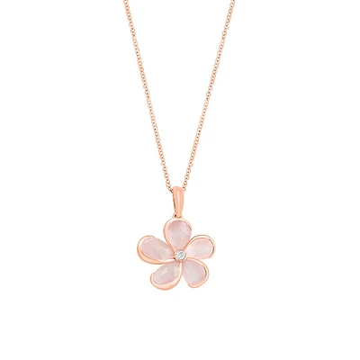 Collier avec pendentif floral en or rose 14 carats, quartz rose et diamant de 0,05 ct. TW