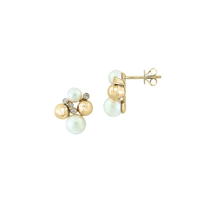 14K Yellow Gold, 4.5-6MM Freshwater Pearl & 0.10 CT. T.W. Diamond Stud Earrings