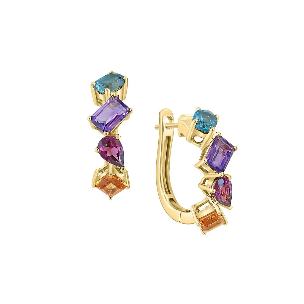 14K Yellow Gold & Multi Gem Huggie Hoop Earrings