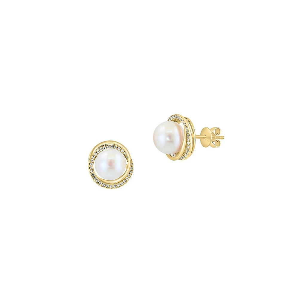 Boutons d'oreilles en or jaune 14 ct avec diamants de 0,16 ct (PT) et perle d'eau douce de 8 mm