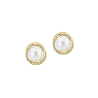 Boutons d'oreilles en or jaune 14 ct avec diamants de 0,16 ct (PT) et perle d'eau douce de 8 mm