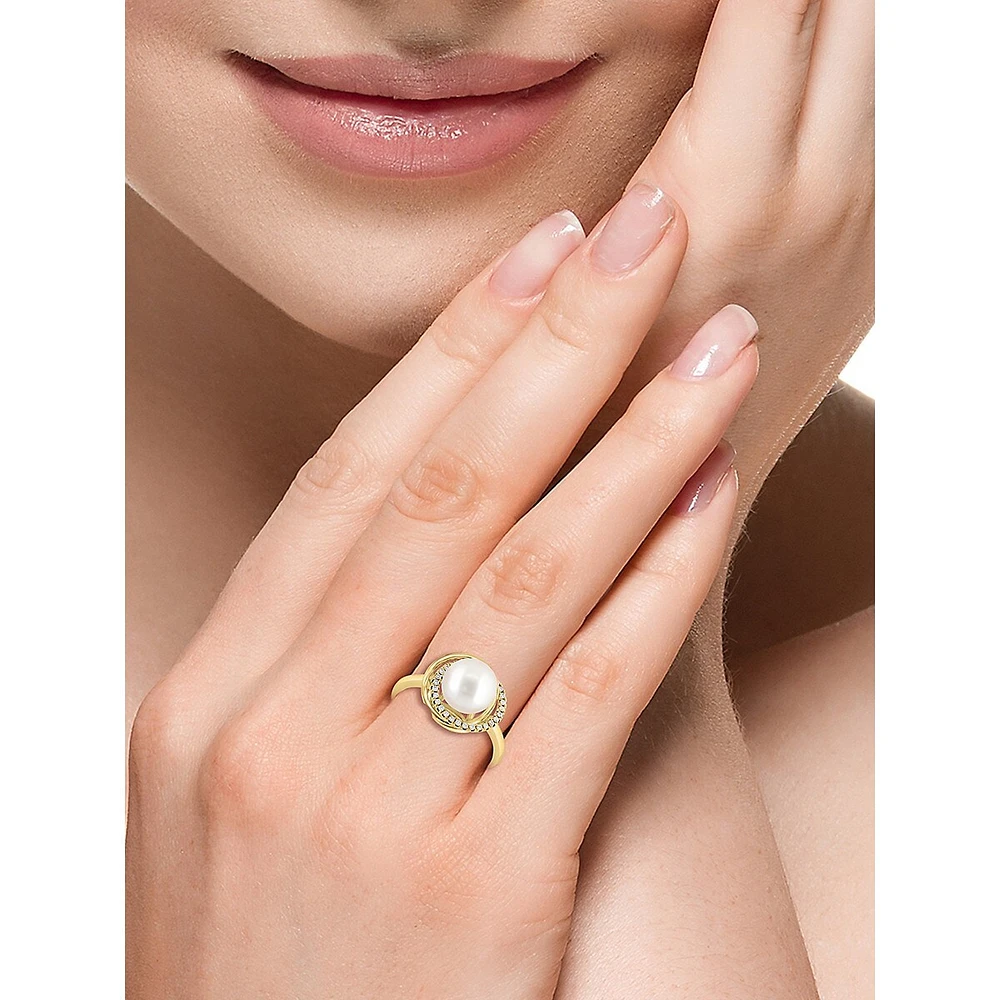 Bague en or jaune 14 ct avec diamants de 0,11 ct (PT) et perle d'eau douce de 8 mm