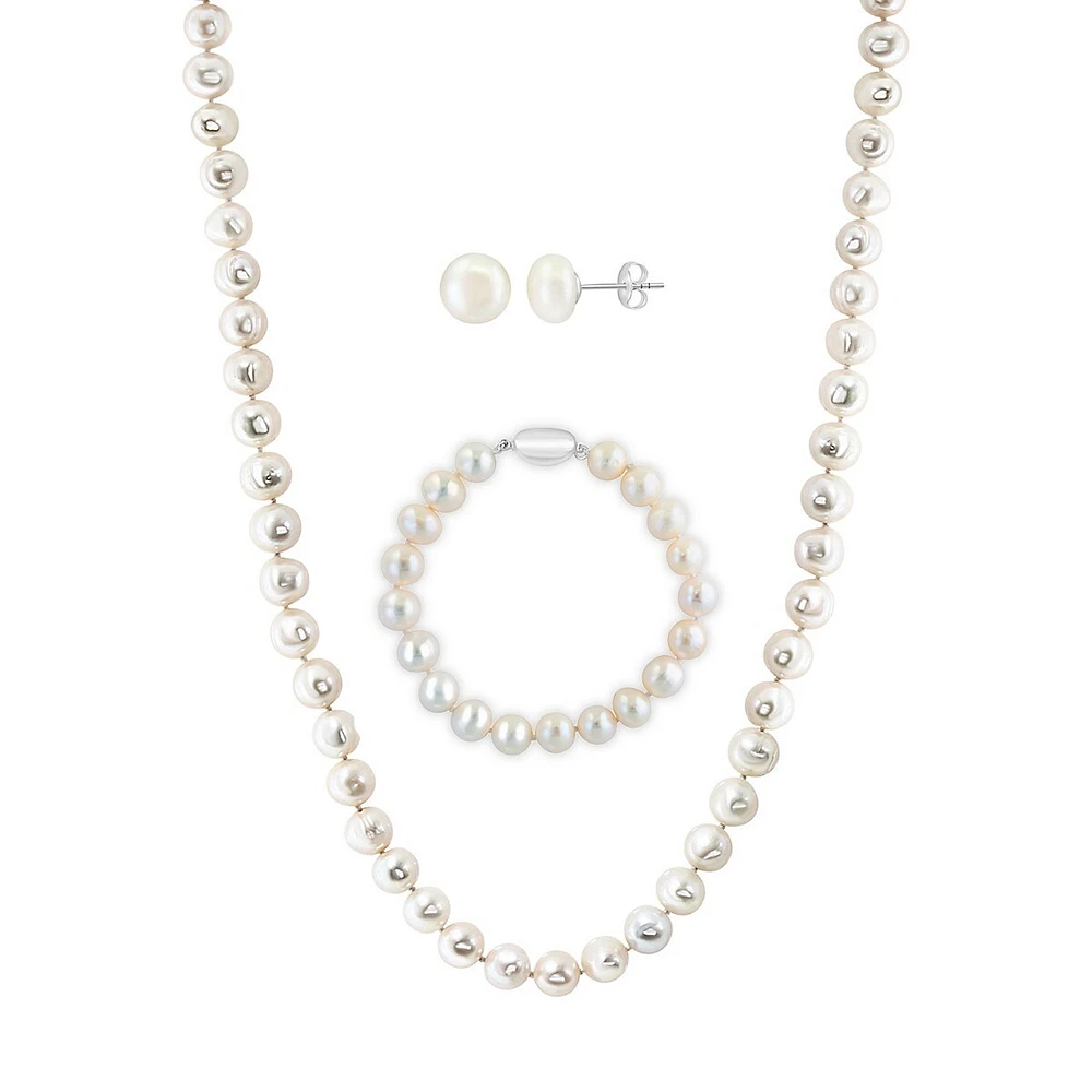 Sterling Silver & 8-9MM Freshwater Pearl Earring, Necklace & Bracelet Set