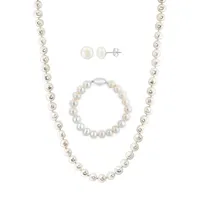 Sterling Silver & 8-9MM Freshwater Pearl Earring, Necklace & Bracelet Set