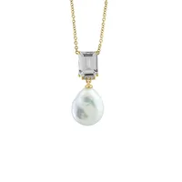 14K Yellow Gold, 0.02 CT. T.W. Diamond, White Topaz & 12MM Freshwater Pearl Pendant Necklace