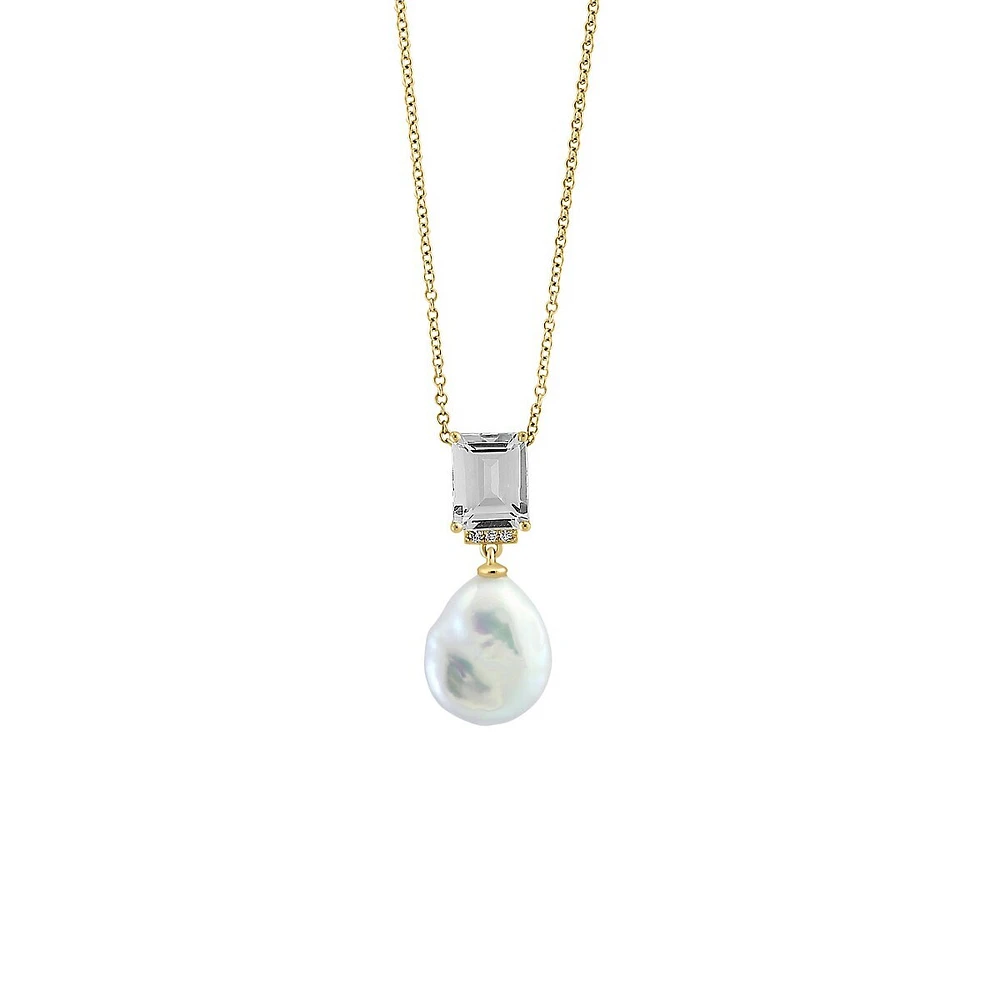 14K Yellow Gold, 0.02 CT. T.W. Diamond, White Topaz & 12MM Freshwater Pearl Pendant Necklace