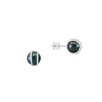 14K White Gold, 0.26 CT. T.W. Diamond & 9MM Black Tahitian Pearl Stud Earrings