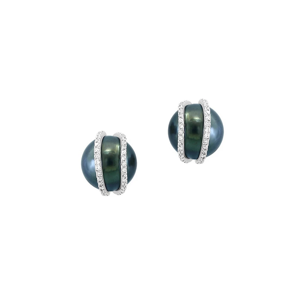 14K White Gold, 0.26 CT. T.W. Diamond & 9MM Black Tahitian Pearl Stud Earrings