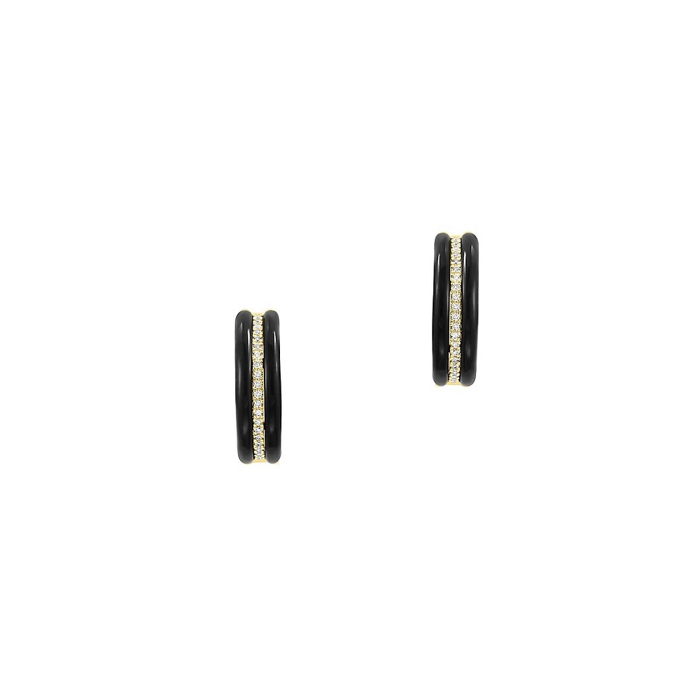 Boucles d'oreilles créoles en or jaune 14 carats, onyx et diamants de 0,12 ct. TW