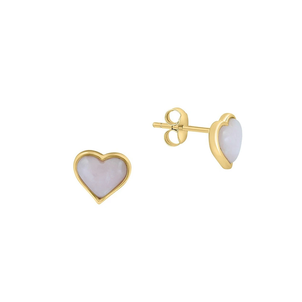 14K Yellow Gold & Pink Opal Heart Stud Earrings