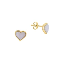 14K Yellow Gold & Pink Opal Heart Stud Earrings