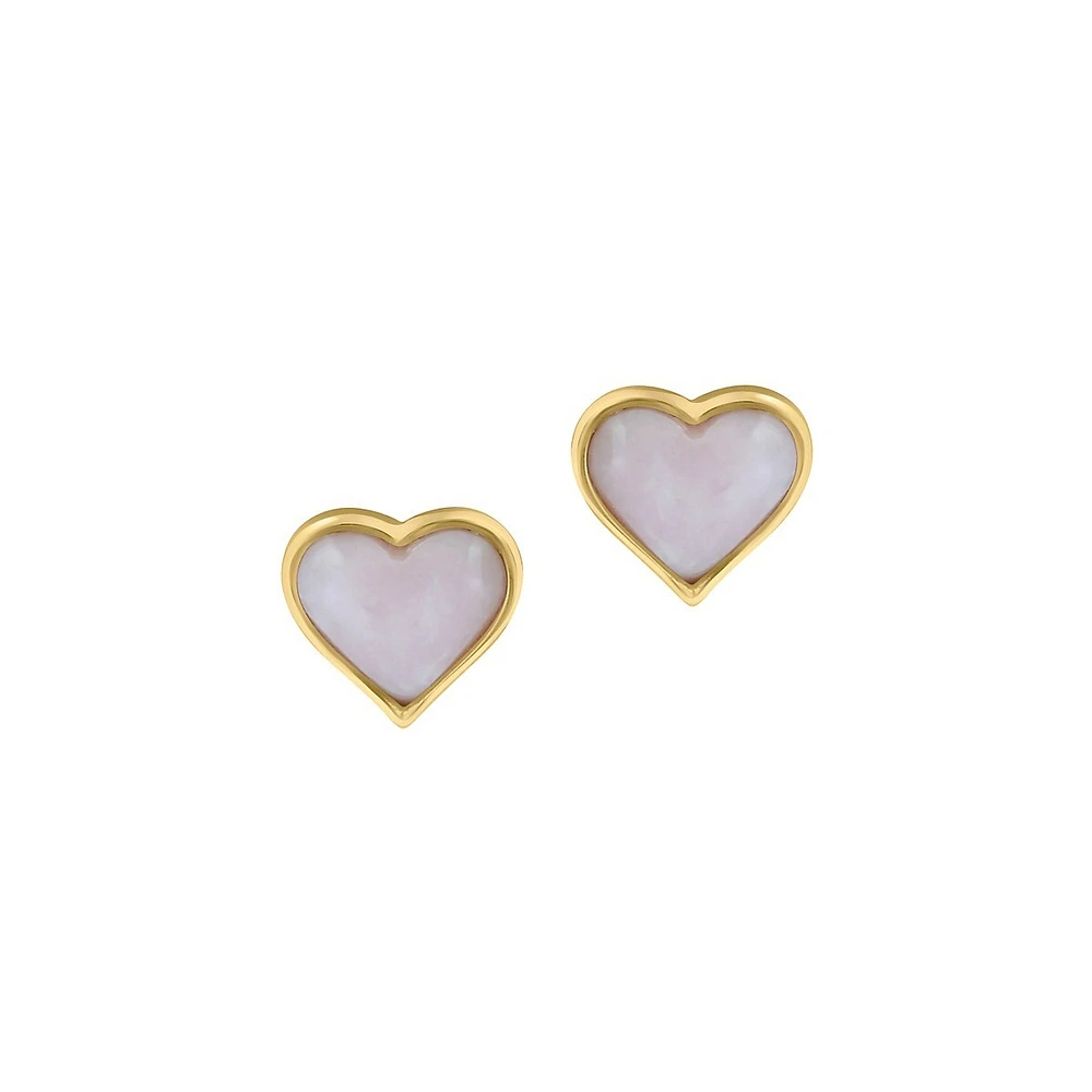 14K Yellow Gold & Pink Opal Heart Stud Earrings