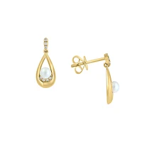 14K Yellow Gold, 3.5MM Freshwater Pearl & 0.05 CT. T.W. Diamond Drop Earrings