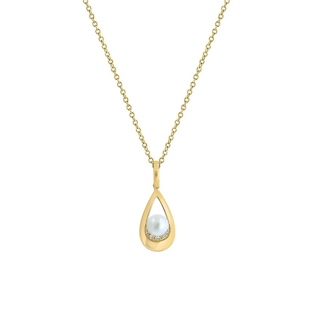 14K Yellow Gold, 4.5MM Freshwater Pearl & 0.02 CT. T.W. Diamond Pendant Necklace