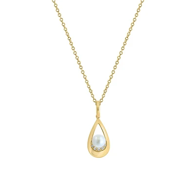 14K Yellow Gold, 4.5MM Freshwater Pearl & 0.02 CT. T.W. Diamond Pendant Necklace