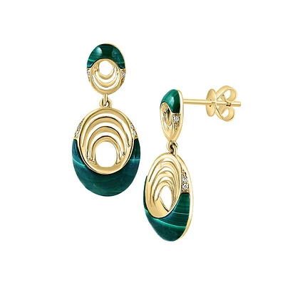 Pendants d'oreilles en or jaune 14 ct, à diamants 0,04 ct (PT) et à malachites