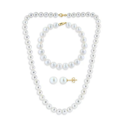 14K Yellow Gold & 7-7.5MM Freshwater Pearl Necklace, Bracelet & Stud Earrings 3-Piece Set
